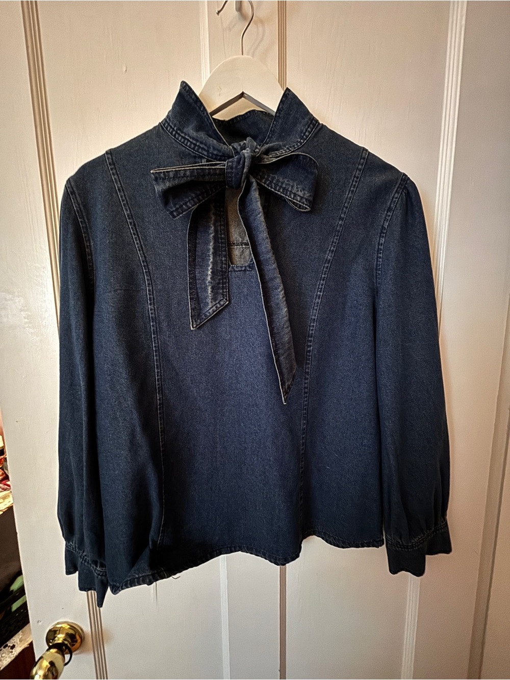 Women's Dark Blue Denim Bow Tie Neck Top